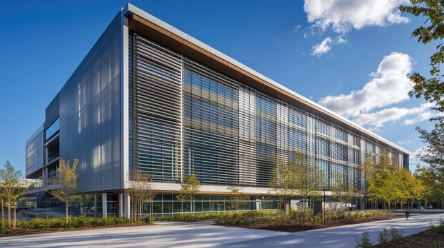 High-rise building exterior with aluminum louver windows, providing ventilation and energy efficiency.