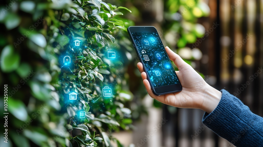 Poster A hand holding a smartphone with digital security icons displayed in front of a green foliage background.