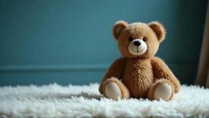 Soft teddy bear sitting on white carpet with blue wall background, a perfect gift or decor for children&rsquo;s room.