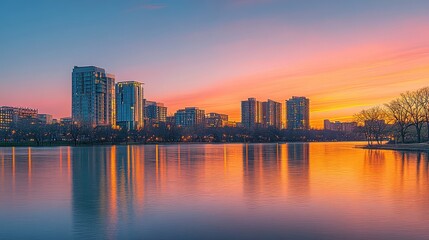 Fototapeta premium A panoramic view of a city skyline during golden hour, with skyscrapers reflecting the warm light, showcasing the beauty of urban living.