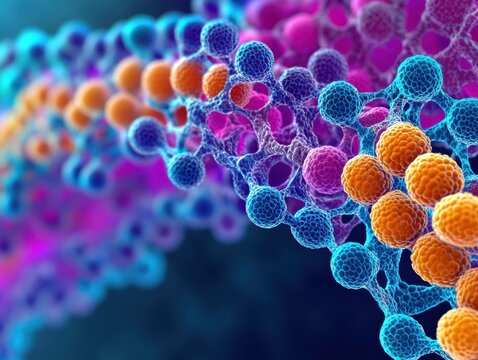 A vibrant, colorful representation of a molecular structure, showcasing interconnected spheres in shades of blue, orange, and purple, illustrating scientific concepts.