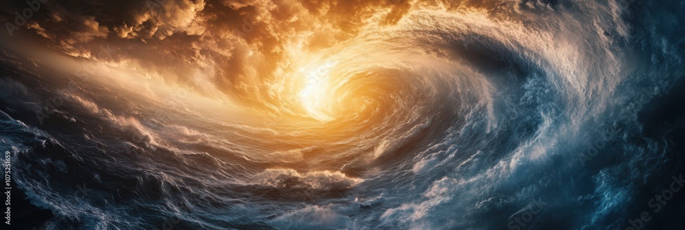 Poster A massive hurricane develops in the open ocean, featuring intense swirling winds and towering clouds illuminated by sunlight. Generative AI