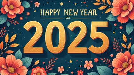 Happy New Year 2025.  Abstract  floral design on green background with gold numbers