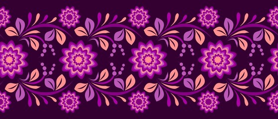 Decorative horizontal ornament with flowers, leaves in purple tones, Floral seamless border