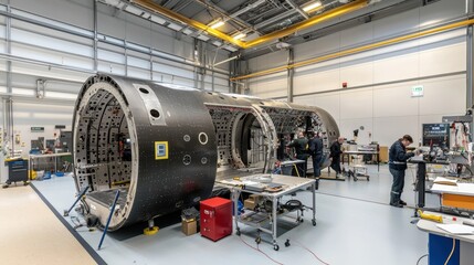 A large spacecraft component is being assembled in a high-tech workshop, with technicians working on various tasks amid sophisticated tools and equipment.