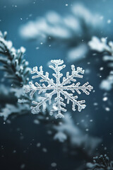 Ice snowflake close-up on blue background. Vertical winter concept template for Christmas, New Year and sale. Postcard and flyer with space for text