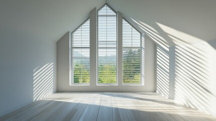 Fototapeta premium Interior of a room with aluminum louver windows open, light streaming through angled slats.