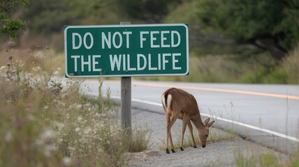 A deer near a roadside sign warning against feeding wildlife.