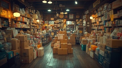 Obraz premium A cluttered, well-stocked shop with shelves overflowing with merchandise, boxes stacked in the middle of the floor.