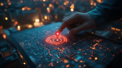 A hand points at a red pin on a digital map of a city at night, representing location and navigation.