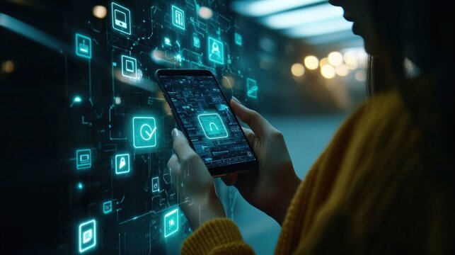 Person using a smartphone with digital security icons floating above