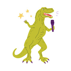Dinosaur singing to microphone, cute dinosaur song performance, vector cartoon funny crocodile musician vocalist star
