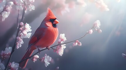 A cardinal sitting on a branch in spring day illustration