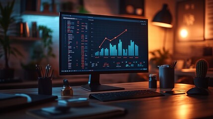 A computer monitor displaying a financial graph with a red line that is going up, showing positive growth, in a dark room with a lamp and desk, with a keyboard in the foreground.