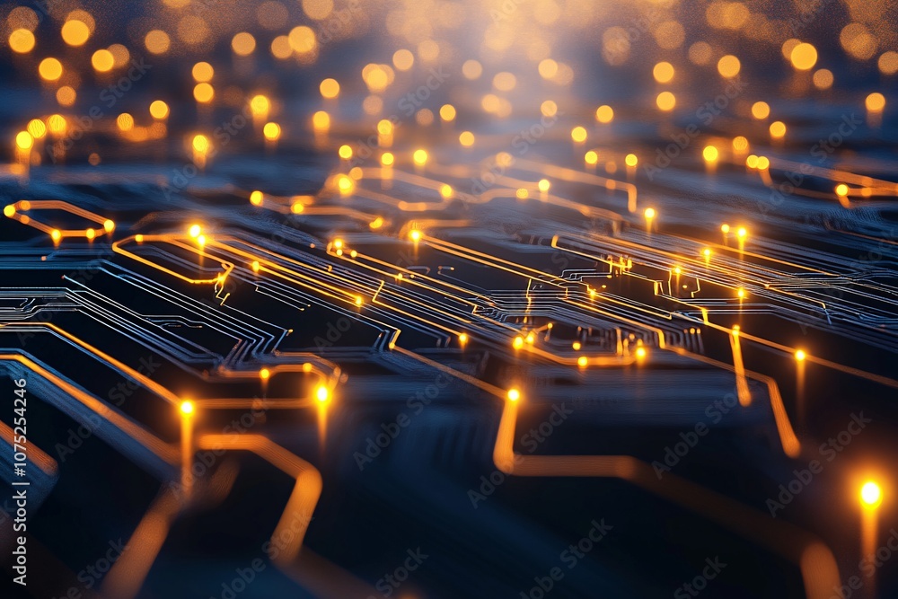 Wall mural abstract futuristic circuit board: glowing lines and connections in a digital network