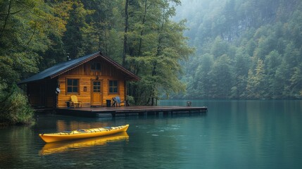 Obraz premium A serene lakeside cabin surrounded by lush greenery and calm waters.