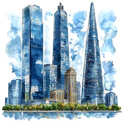 Fototapeta premium Watercolor Illustration of Modern Skyscrapers in a City Skyline.