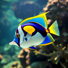 A dazzling angelfish with bold blue and yellow patterns, gliding gracefully through crystal-clear tropical waters, surrounded by sunlight filtering down