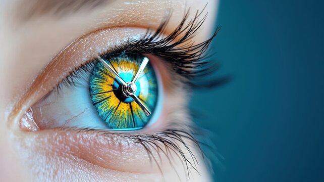Close-up of clock hands on eyelids, narcolepsy cycles, awareness concept