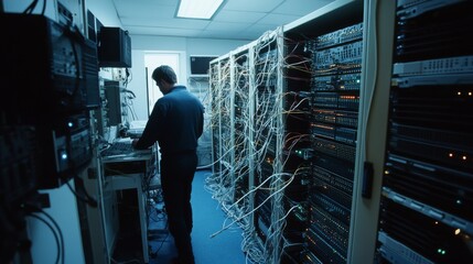 A lone technician operates amidst the organized chaos of a server room filled with network cables and flashing lights, embodying the digital age.