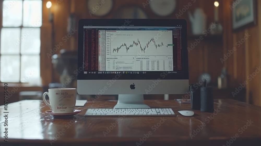 Poster a computer monitor displaying a stock market chart with a cup of coffee and a keyboard on a wooden d