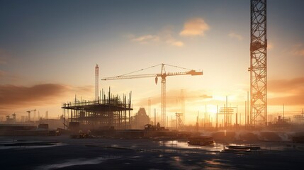 A photo of a construction site at sunrise.