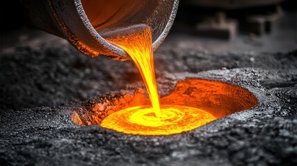 A molten metal is being poured from a ladle into a mold, showcasing the vibrant orange color against a dark, textured background.