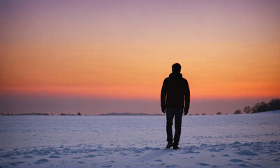 A man walks through the snow at sunset in a field