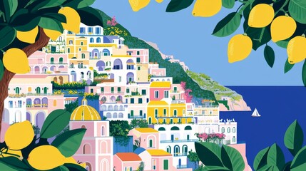Lively illustration of Amalfi Coast village with lemons, perfect for Italian tourism promotions and travel merchandise