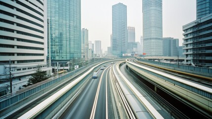 A dynamic cityscape with sleek highways between towering skyscrapers, conveying urban speed and modern architecture.