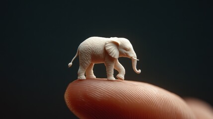 A tiny, intricately detailed elephant figurine balances on a fingertip, encapsulating delicacy, whimsy, and the marvel of miniature craftsmanship.