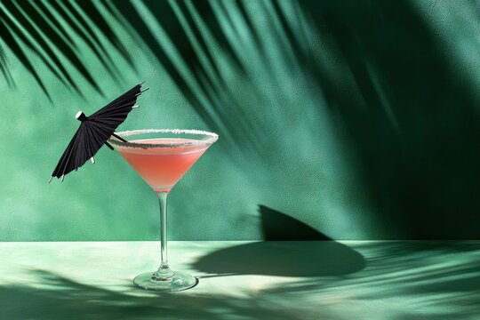 Cocktail glass with a pink cocktail and a black umbrella on a green background, with the shadow of a palm leaf, a minimalist concept. - Powered by Adobe