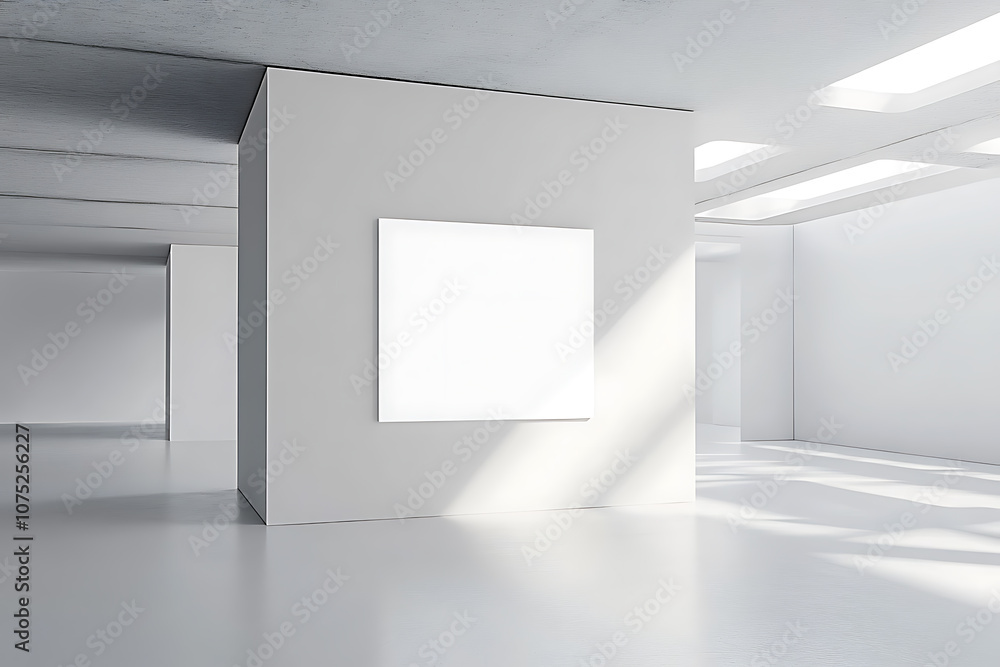 Poster empty white canvas on a wall in a bright gallery space with minimalist design, concept of modern art