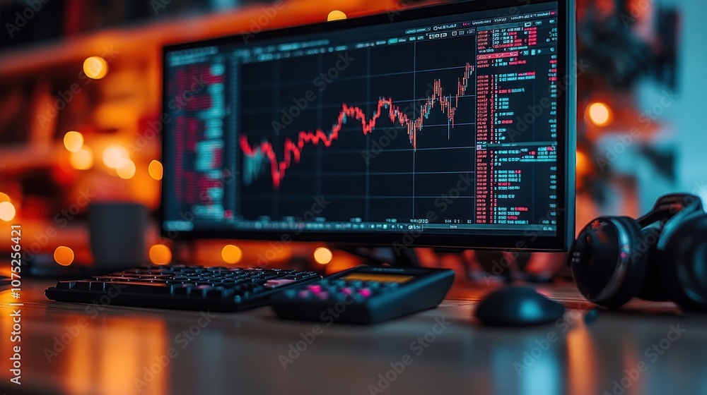 Poster a computer screen showing a stock market graph with a keyboard, mouse and headphones on a desk.