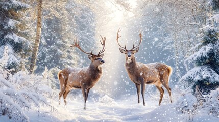 Two majestic deer stand in a snowy forest with sunlight filtering through the trees.