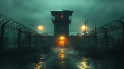 Dark prison yard with barbed wire and watchtower illuminated by eerie lights in the rain