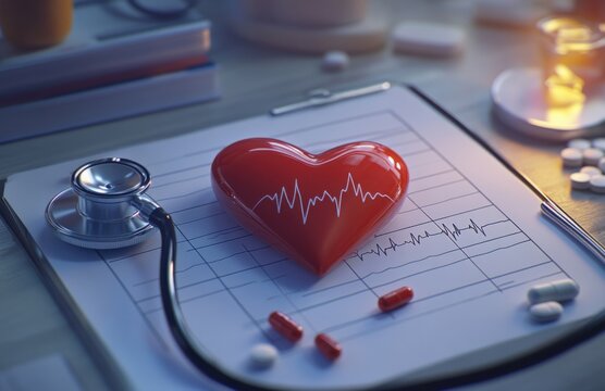 Red heart with a heartbeat line on a medical chart, a stethoscope, and pills on a desk closeup. Heartbeat pulse line, care concept