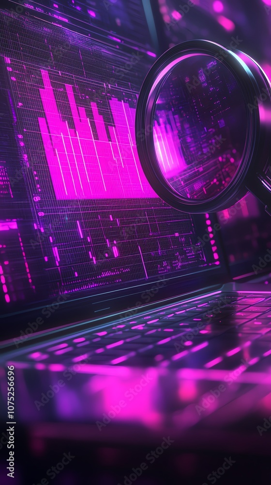 Poster A magnifying glass focuses on a glowing pink bar graph on a laptop screen, illuminating the keyboard with neon light.