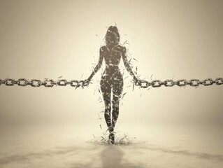 Silhouette of woman breaking free from chains, symbolizing liberation from oppression