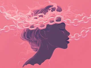 Silhouette of woman breaking free from chains, symbolizing liberation from oppression