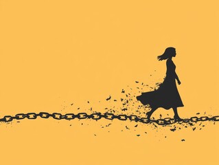 Silhouette of woman breaking free from chains, symbolizing liberation from oppression