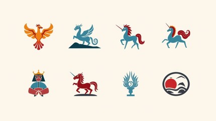 Fototapeta premium Mythical Creatures from Different Cultures Icon Set