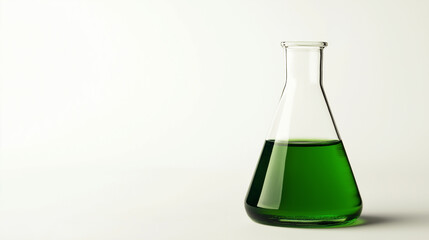 A clear glass flask filled with vibrant green liquid isolated on a white background