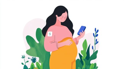 Pregnant woman checking blood sugar level on smartphone with continuous glucose monitor, ideal for healthcare and maternity apps promoting remote monitoring