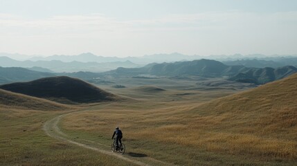 Fototapeta premium A lone cyclist ventures into a sunlit valley surrounded by endless hills, reveling in freedom and the boundless beauty of nature.