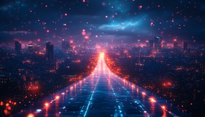 Obraz premium Global Networking Hub, digital network hub where professionals connect via holographic interfaces in a cityscape. Show professionals seamlessly transferring data, 