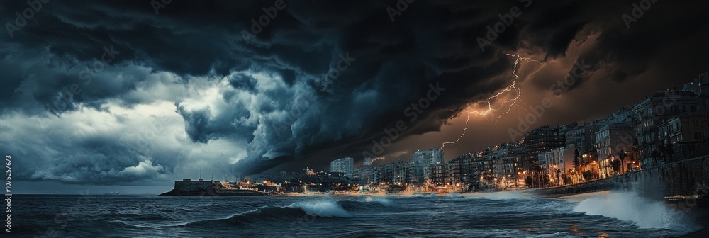 Poster dark storm clouds gather over the coastal city while lightning flashes, revealing crashing waves and