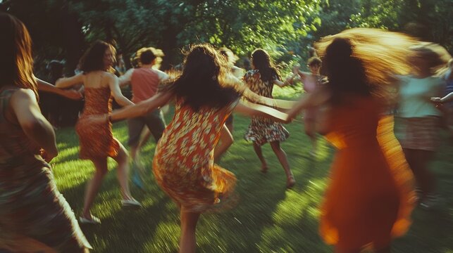 Women in vibrant dresses dance in a sunlit circle, capturing joy and connection in a blur of motion.