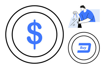 Large dollar sign in the center, person carrying shopping bags, and a Buy button. Ideal for e-commerce, online shopping, financial transactions, retail marketing, digital payments, consumer behavior