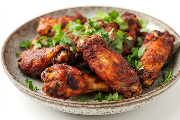 Fried chicken masala wings on a dish against a white backdrop. Generative Ai